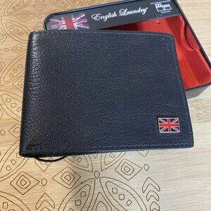 NEW in Tin English Laundry Bifold Wallet Men Black Genuine Leather Flip ID Slots